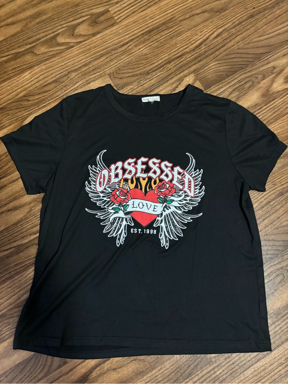 Obsessed Love Graphic Tee - Black with Red & White Design Shiny Studded * 2X